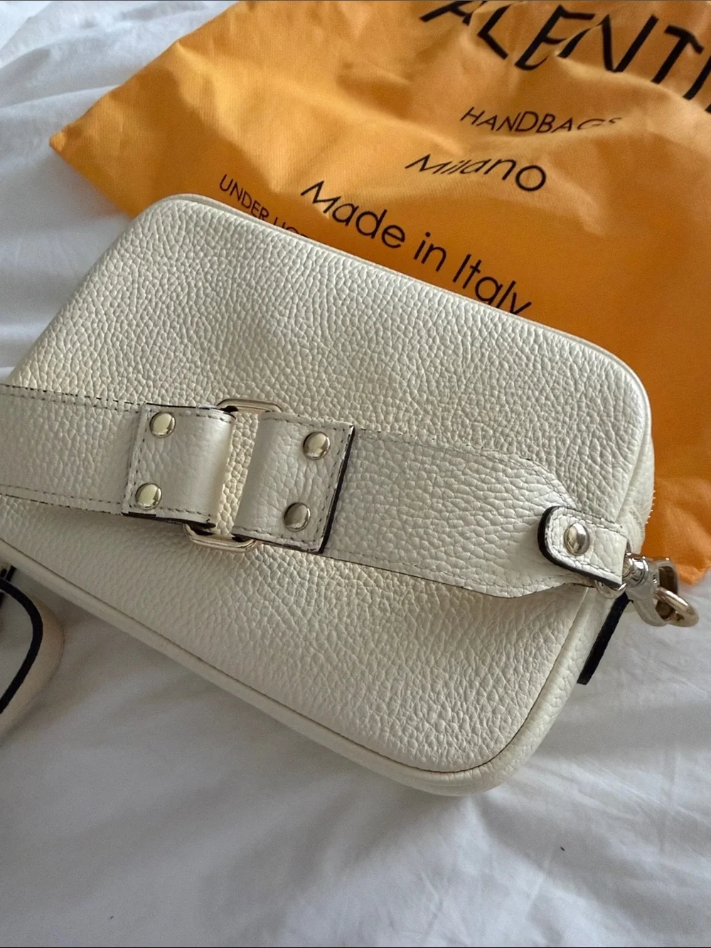 Valentino Cream Pebbled Leather Crossbody with Pearl V Logo - Authentic